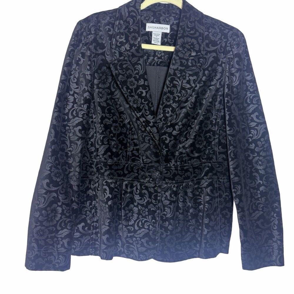 Sag Harbor Black Velvet Burnout Blazer Jacket Women 14 One Button Notch Floral